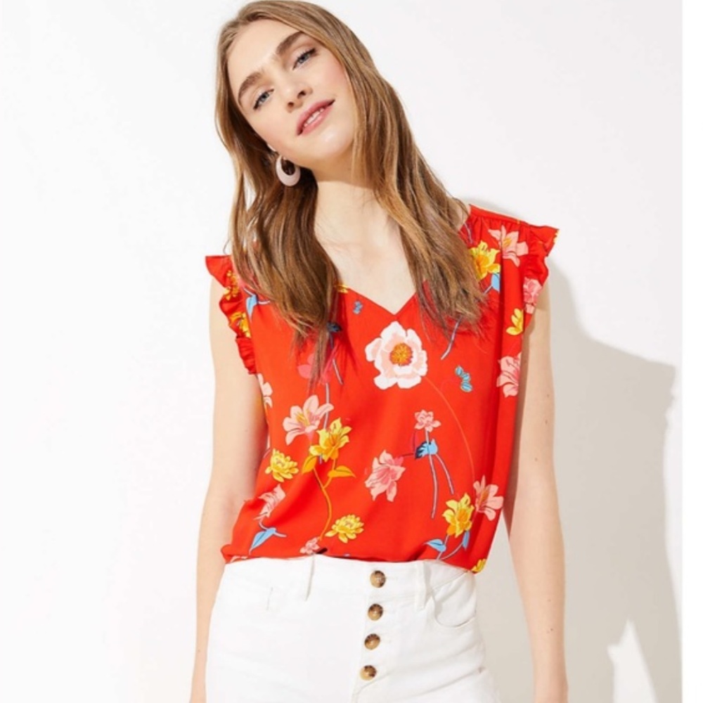 LOFT Floral Bar Back Ruffle Sleeve Top